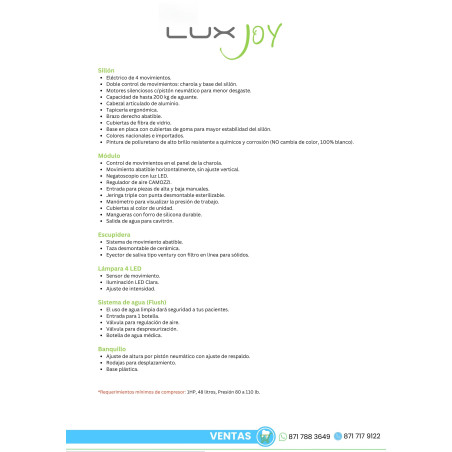 Paquete Unidad Dental Lux Joy, Compresor, Esterilizador, Cavitrón, Pieza de alta y Lámpara de fotocurado